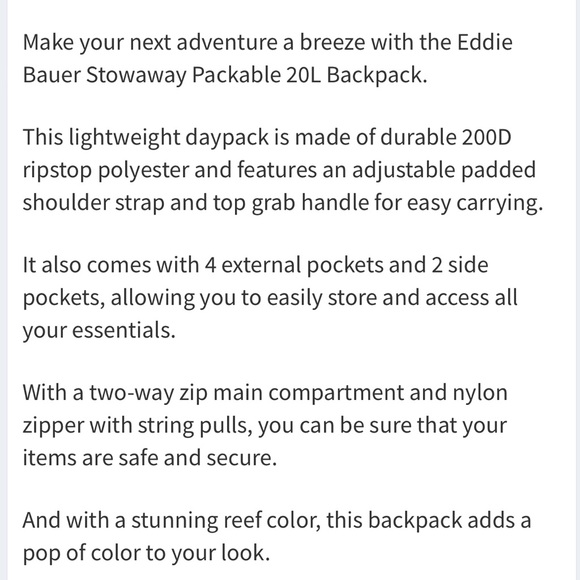 EDDIE BAUER STOWAWAY PACKABLE 20L BACKPACK - Picture 7 of 7